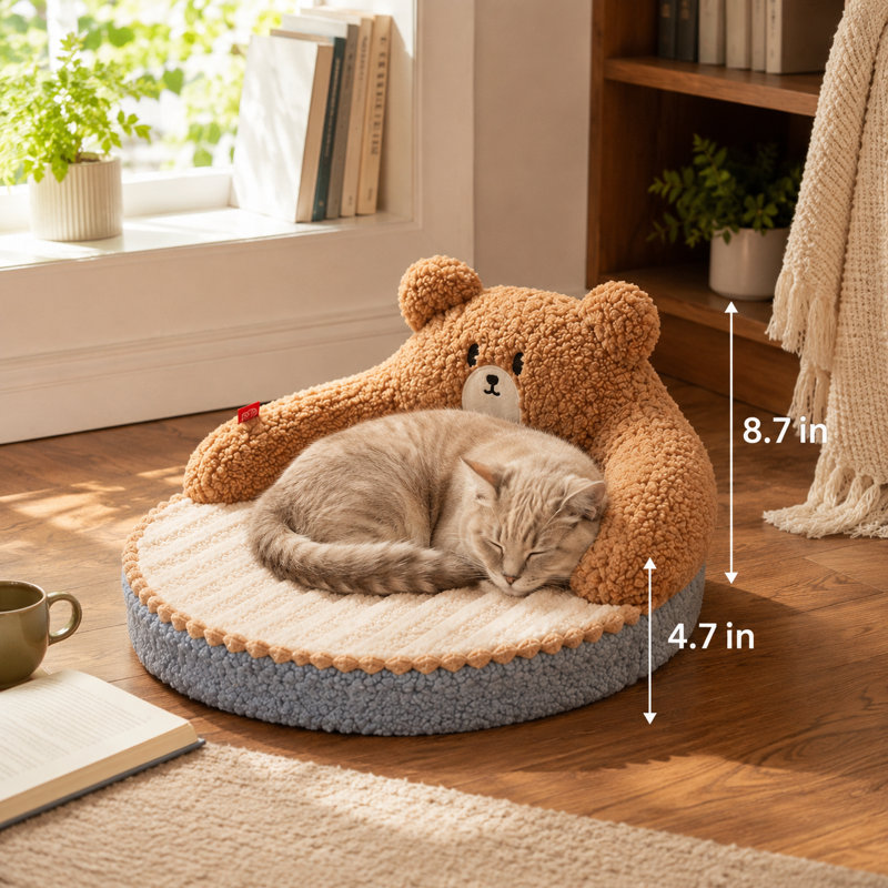 Caricature de lit rond pour chat avec grand dossier et coussin amovible lavable antidérapant à base imperméable toutes saisons, canapé-lit moelleux en velours pour petits chiens de taille moyenne et chiens de moins de 15 lb brun 20,5 x 8,7 po