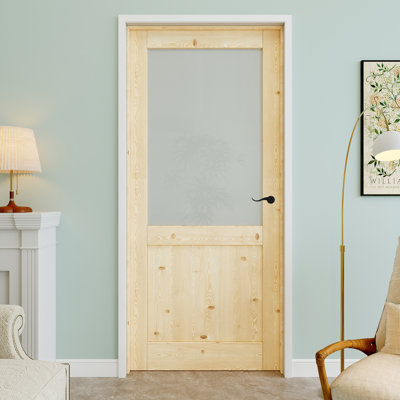 Porte intérieure pré-suspendue en bois de pin et verre givré 32 po x 80 po avec levier incurvé et charnières noires