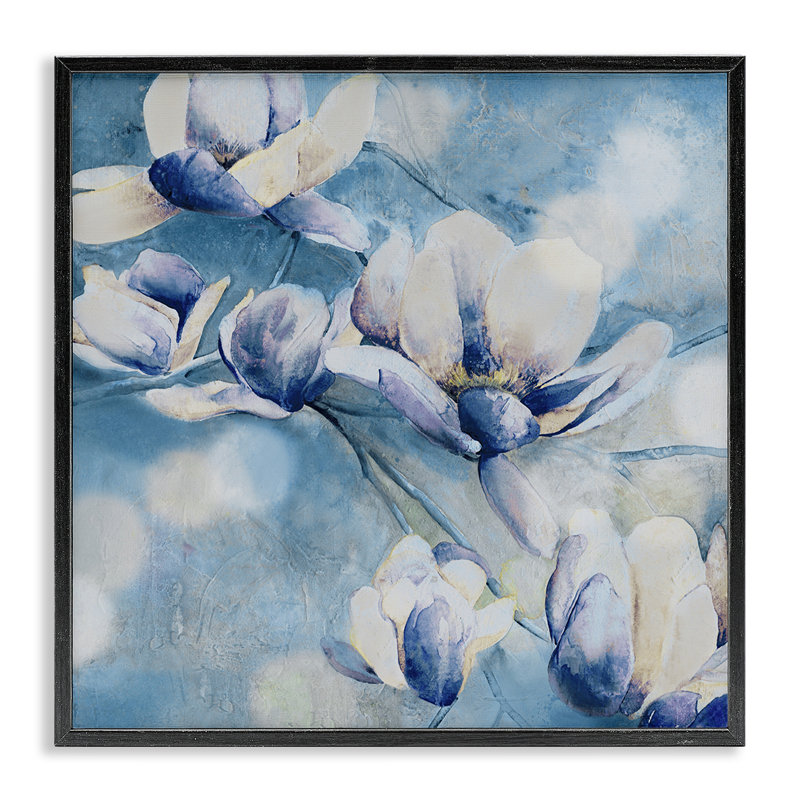 Fleurs bleues et bokeh, estampe numérique, design par Carol Robinson, Giclée encadrée noir minuit, H 12 po x l 12 po
