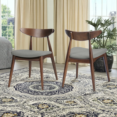 Ensemble de deux chaises rétro en bois d'hévéa avec dossier ergonomique et coussin moelleux, couleur noyer et gris clair, avec texture rétro et confort.