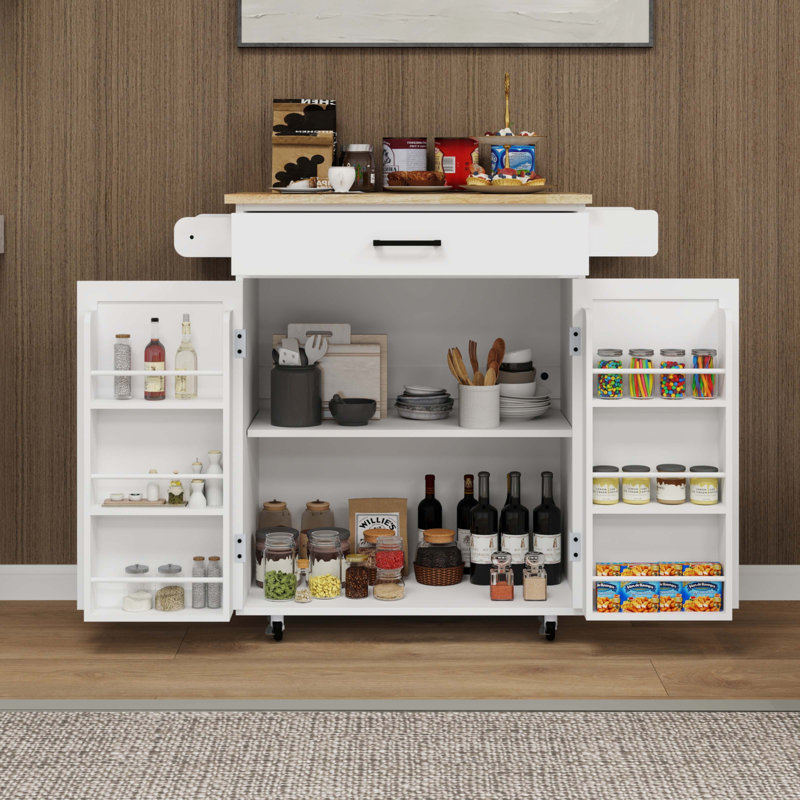 Chariot à roulettes pour îlot de cuisine avec 1 tiroir et 2 portes avec supports de rangement et tablettes réglables