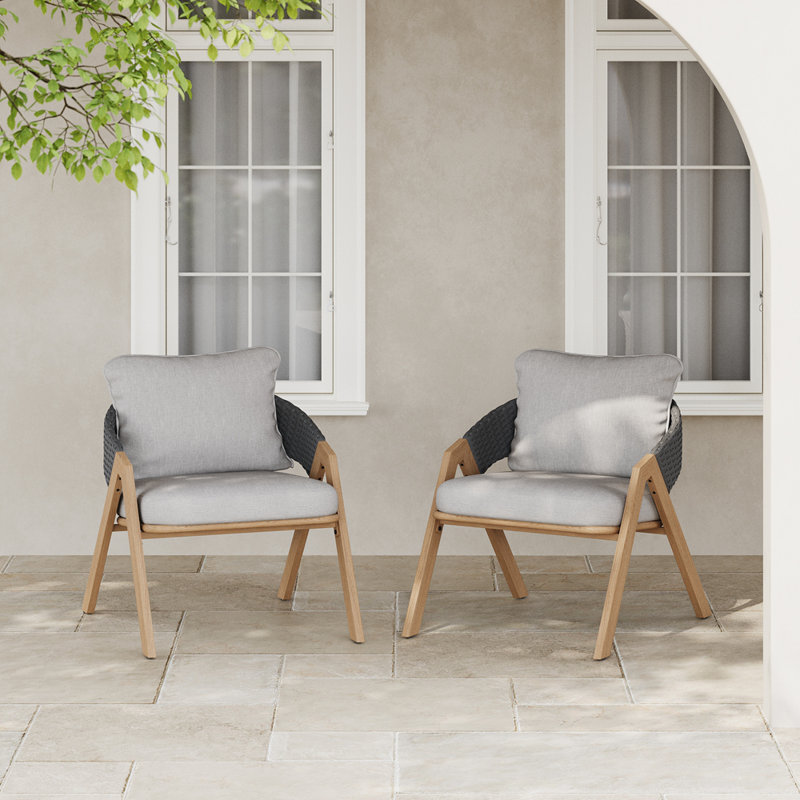 Chaise de patio avec coussins (ensemble de 2), Coussin gris / teck / structure noire