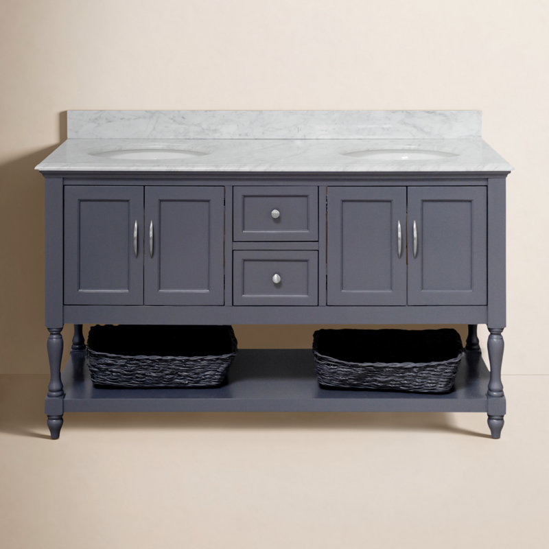 Hampton 60'' Double Bathroom Vanity with Top, Marine Gray, Carrara Marble