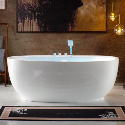 Ensemble de baignoire de trempage autoportante en acrylique à double extrémité avec robinet de pont 66 po WOODBRIDGE (perçage requis) 