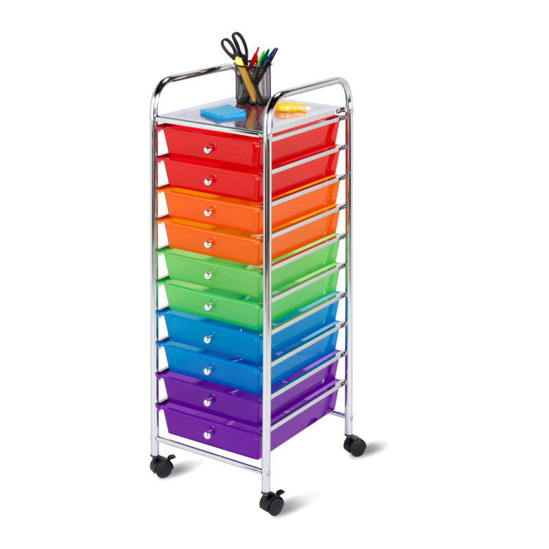 Multi-Color 10-Drawer Rolling Storage Cart with Chrome Frame