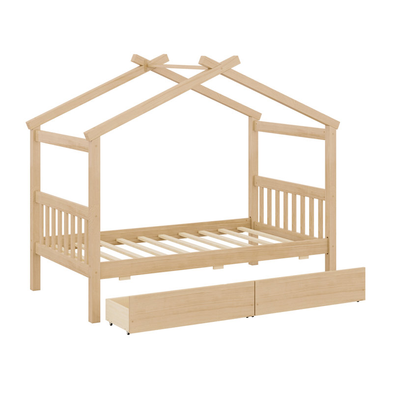 Wooden House Bed With Drawers, Natural, Twin