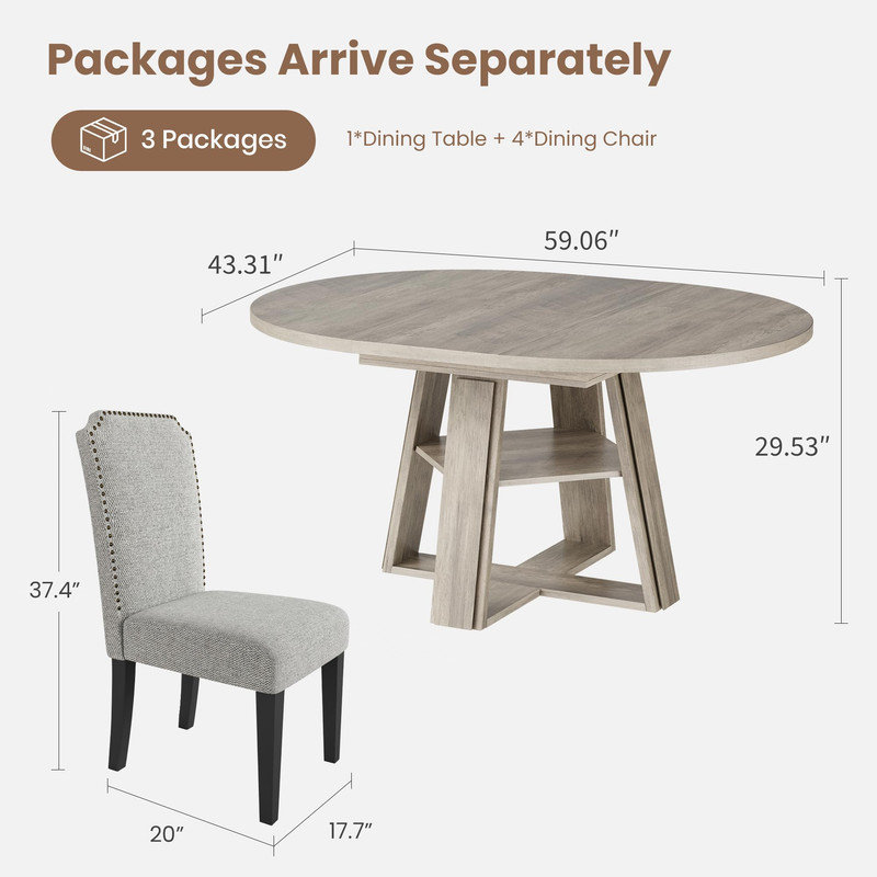 Ensemble table et chaises extensibles gain de place avec chaises rembourrées et rangement, pour 4 à 8 personnes, Grey / Black