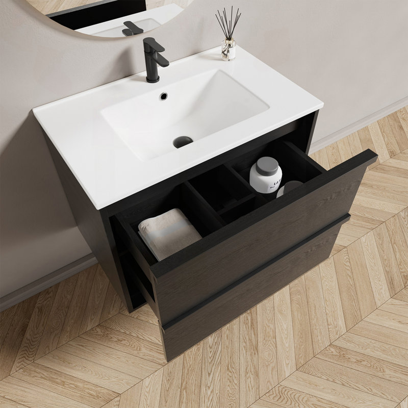 Meuble-lavabo flottant mural 30 po avec évier et tiroirs en céramique