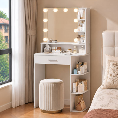 26.4" Small Makeup Vanity Desk with Lighted Mirror, 3 Color Modes, Drawer & 6 Level Storage, White