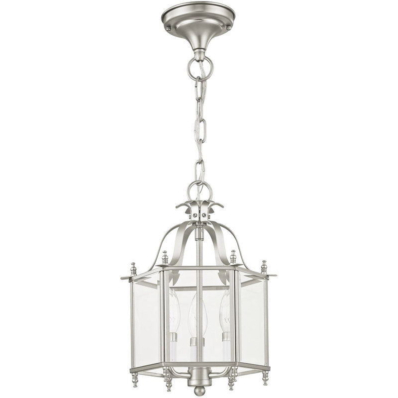 Luminaire suspendu géométrique 3 lumières Djamshid, Nickel brossé, Verre biseauté transparent