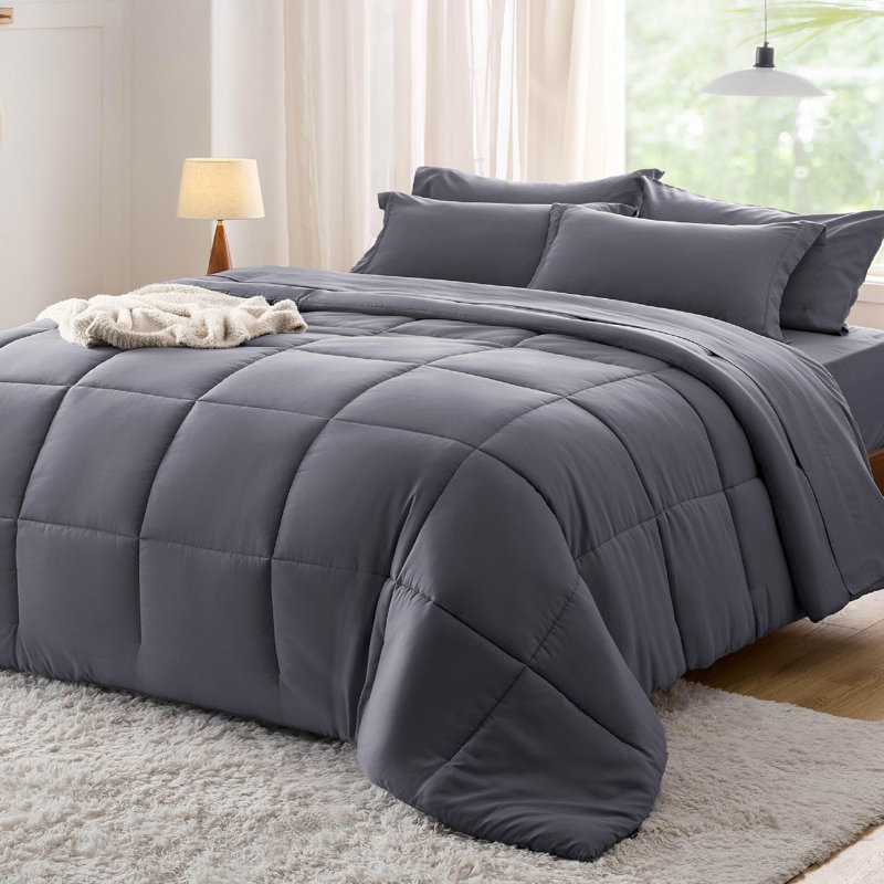 Bedsure Quilted Design Comforter Set, Queen Comforter + 6 Additional Pieces, Dark Gray