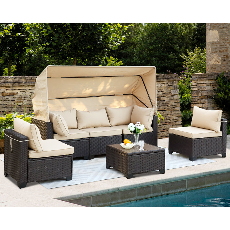 6 Pieces Patio Furniture Set Daybed with Retractable Canopy and Adjustable Backrest, Khaki