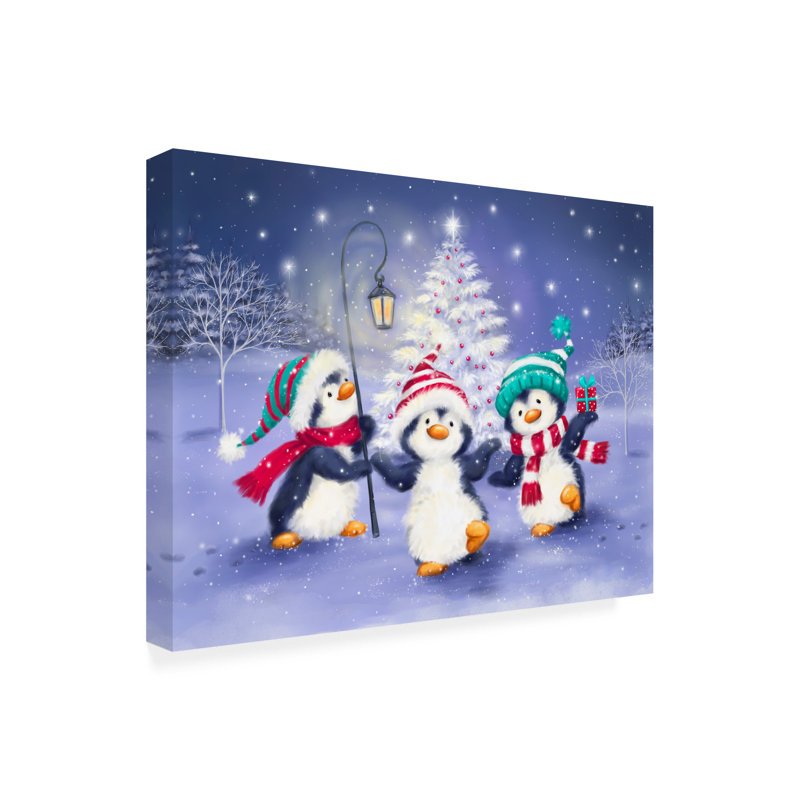 Art sur toile, "Three pingouin" avec un arbre de Noël, H 14 po x l 19 po
