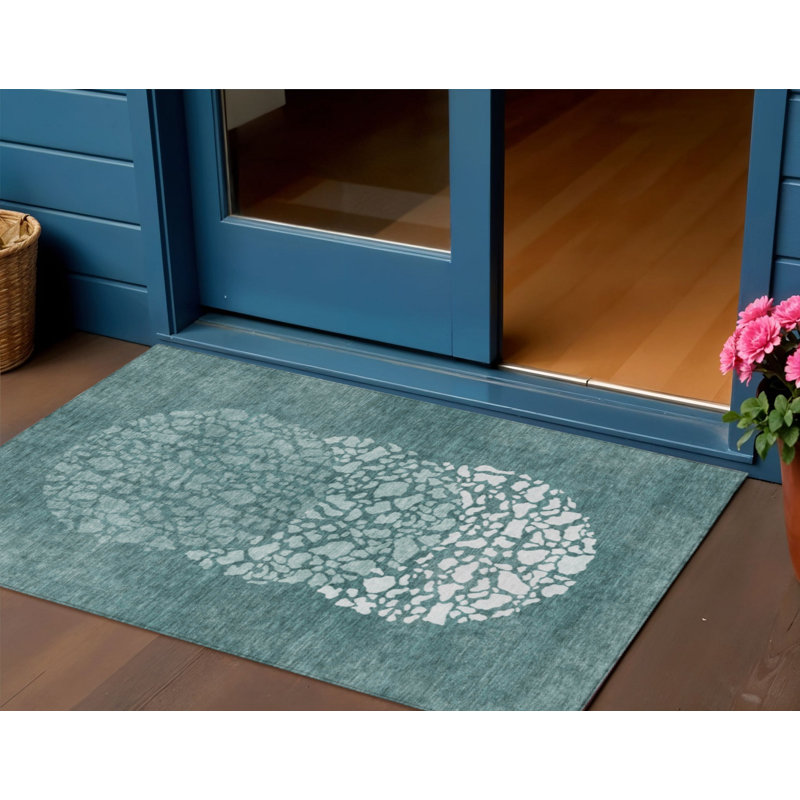 Tapis extérieur lavable abstrait vert foncé 3 pi x 5 pi turquoise et ivoire