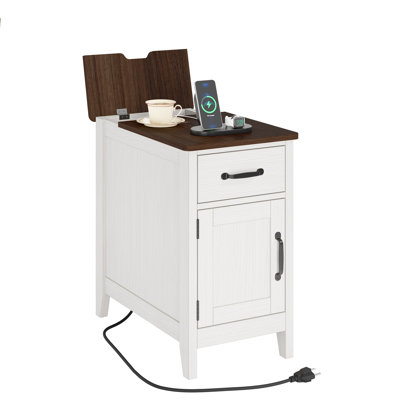 Narrow End Table With Charging Station, Flip-top Outlet & Usb-c, Nightstand With Drawer And Cabinet