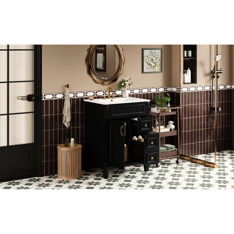 Meuble-lavabo moderne de 24 pouces avec lavabo en céramique, 2 tiroirs et tablette réglable, Black