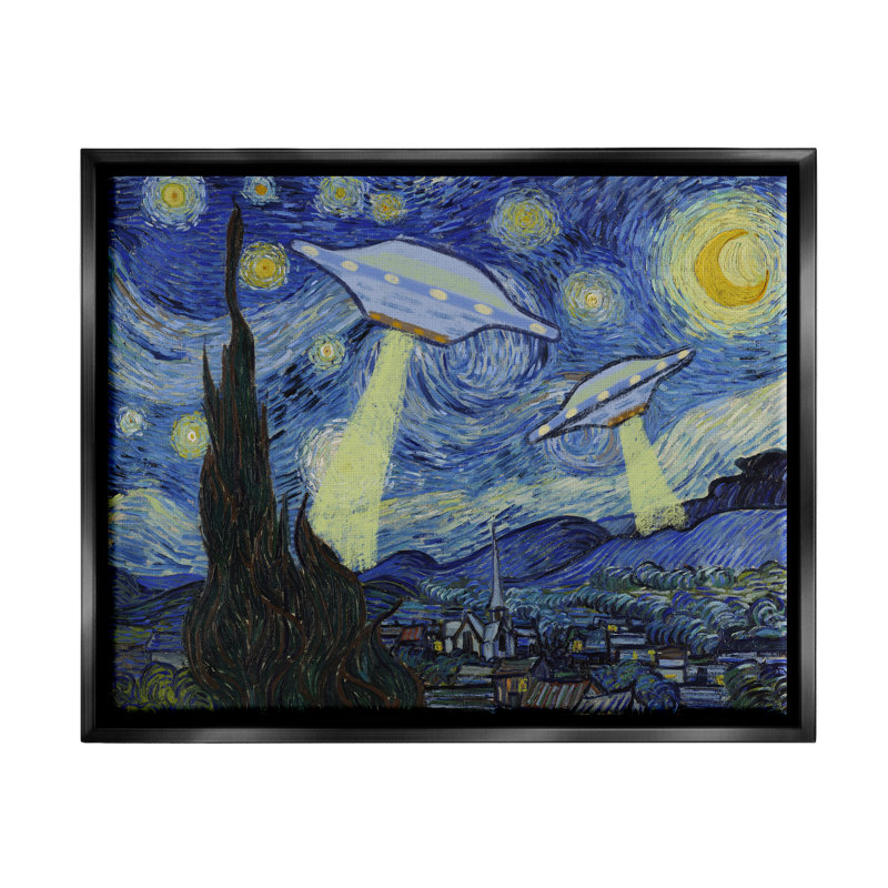 «Starry Night Classic Alien UFOs» par Lil 'Rue, impression, H 25 po x l 31 po x P 1,7 po, Cadre flottant noir de jais
