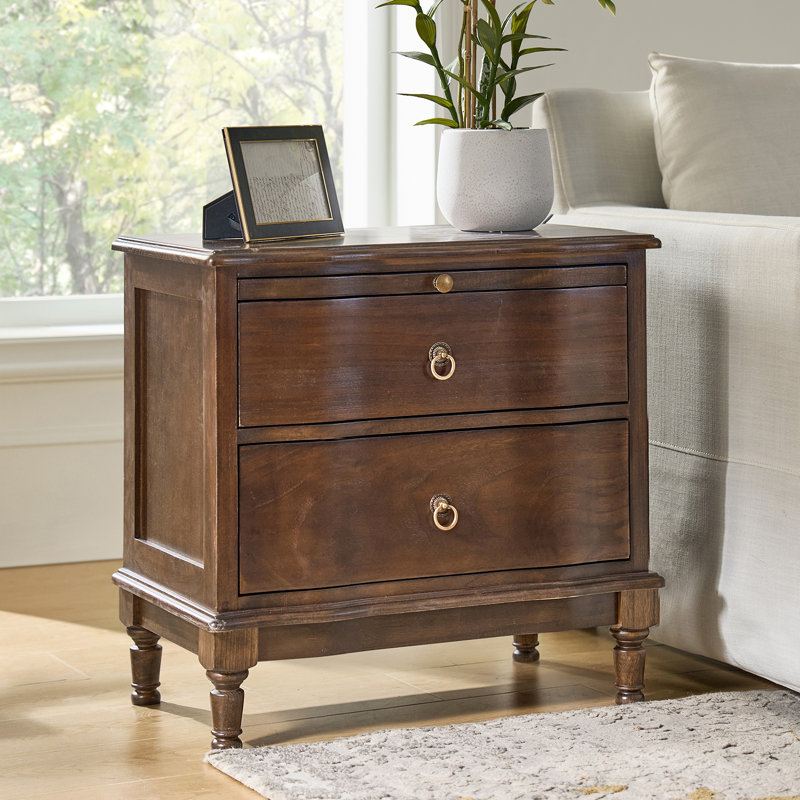 Elfine Traditional 26''W 2-Drawer Solid Wood End Table with Built-In Outlet and Curved Drawer Fronts, Walnut