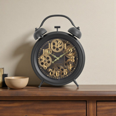 Avara Transitional Brown Finish Round Gear Mechanism Table Clock, 15.32" H X 11.6" W X 3.13" D