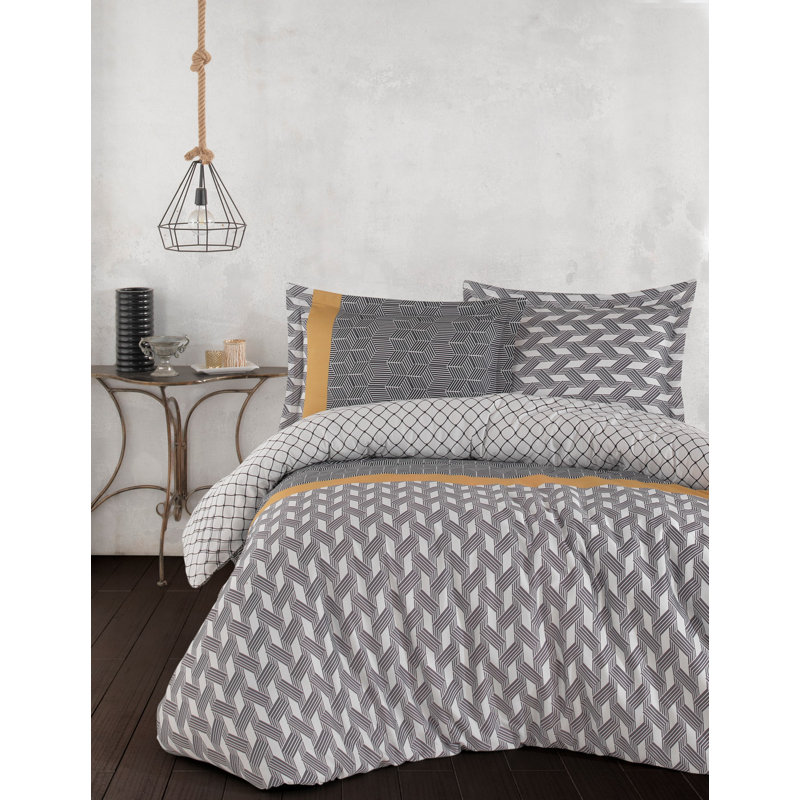 Ensemble de housse de couette 100% coton noir / jaune, Housse de couette très grand + 2 taies d'oreiller