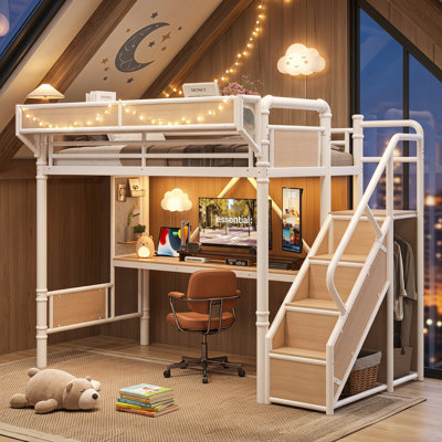 Lit mezzanine pour enfants AVELOR avec bureau intégré, prise de courant, lumières DEL et solutions de rangement intelligentes