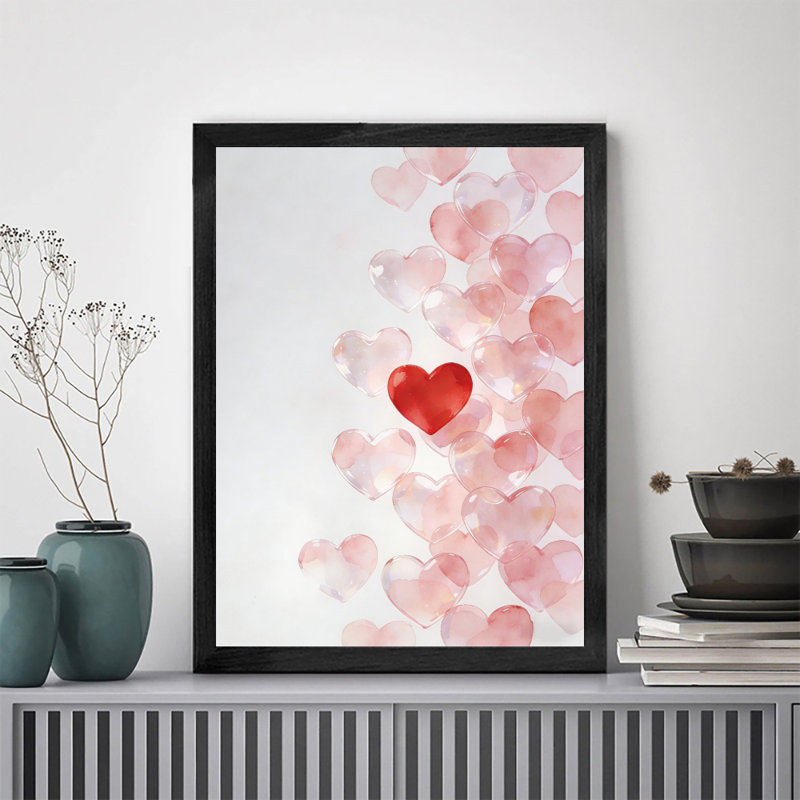 Aquarelle encadrée noire, ballons de cœur, impression amour, impression sur le thème de la Saint-Valentin, H 37 po x l 25 po