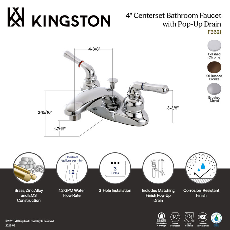 Kingston Brass Magellan Two-Handle 3-Hole Deck Mount 4" Centerset Bathroom Faucet, Brushed Nickel, Without Pop-up Drain