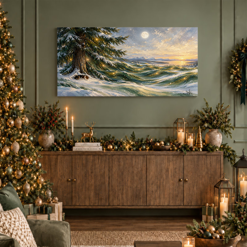 Arbre enneigé pin vert avec chien endormi, art de Noël vert au clair de lune, 32"W x 16"H