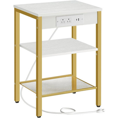 Table d'appoint avec station de charge et port USB, table de chevet à 3 niveaux avec tablette réglable pour le salon, la chambre à coucher et les petits espaces, finition blanche et dorée