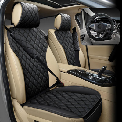 2PCS Leather Front Car Seat Covers with Steering Wheel  Seat Belt Pads
