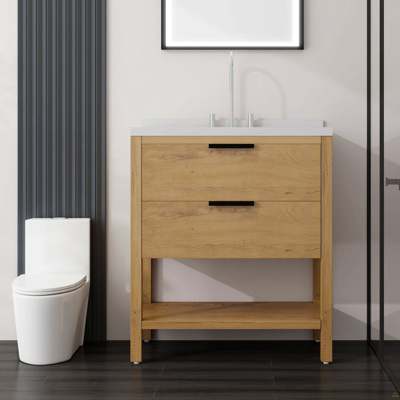Meuble-lavabo autoportant 36 po avec lavabo 36 po, tiroir à fermeture en douceur, comptoir et dosseret en marbre de culture blanc de 2 po Carrara, contreplaqué, chêne