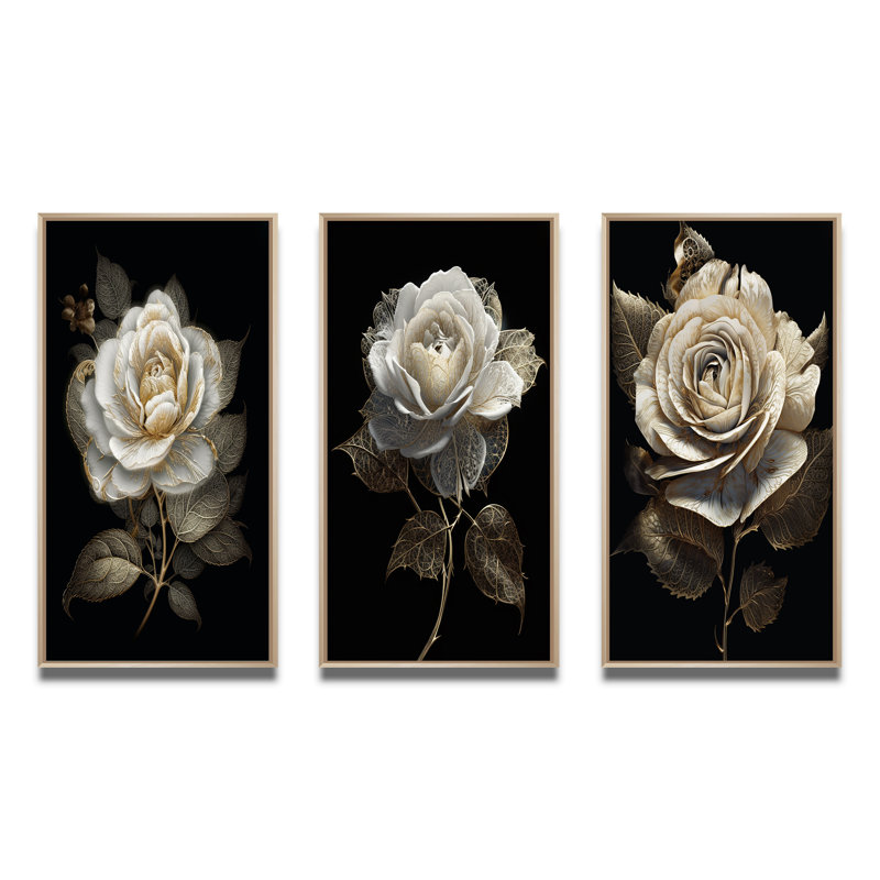 «Retro White Rose Portrait On Black», 3 pièces, Cadre naturel flottant, H 40 po x l 60 po