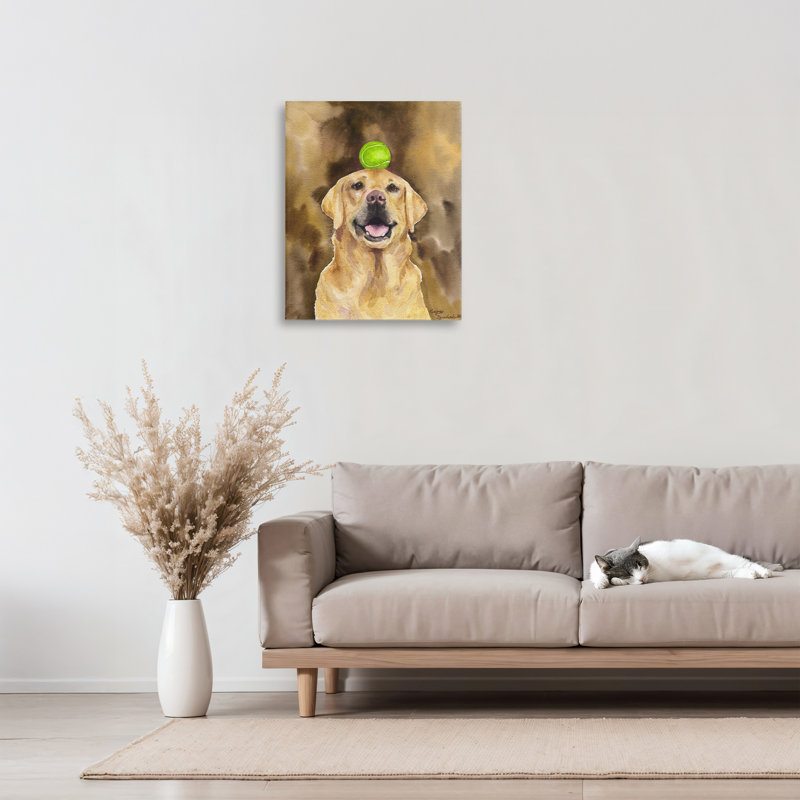 Golden Retriever avec toile de balle de tennis, design par George Dyachenko, H 20 po x l 16 po