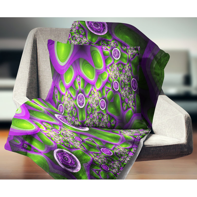 Motif exotique - Coussin imprimé abstrait, 18 po x 18 po, Vert / Mauve, Coussin décoratif