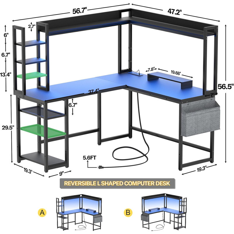 Bureau en L Bianco avec huche et prise de courant, bureau d'ordinateur de coin de jeu avec lumières DEL, Noir