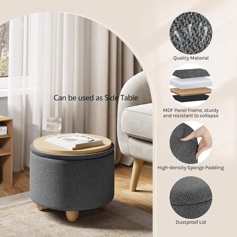 Othella 39 cm W Linen Round Ottoman with Storage, Dark Gray Linen