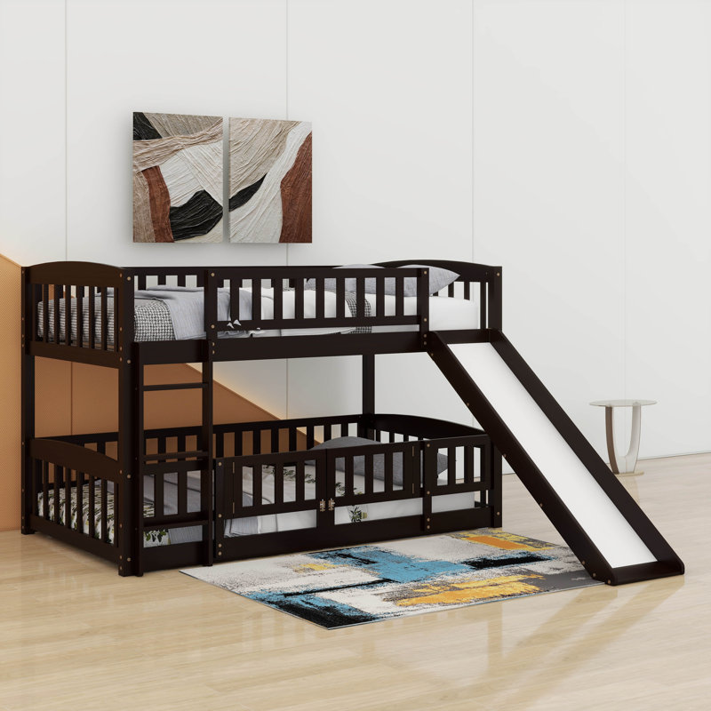 Twin Over Twin Bunk Bed With Fence,Ladder And Slide, Espresso