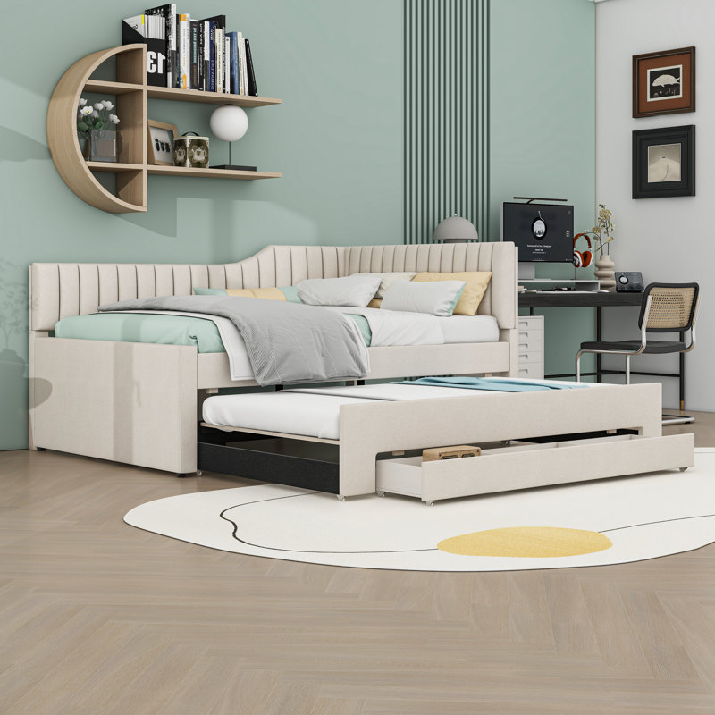 Three Drawers Upholstered Daybed with Trundle, Beige, Full/Double