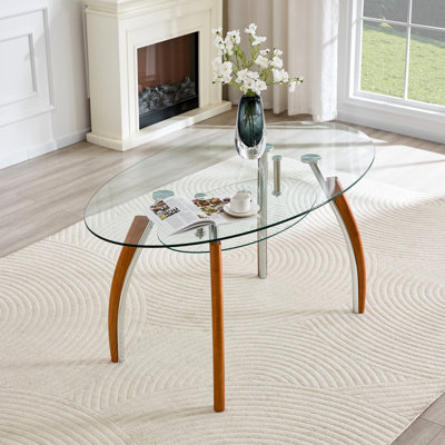 Table basse moderne ovale en verre avec tablette de rangement à 2 niveaux