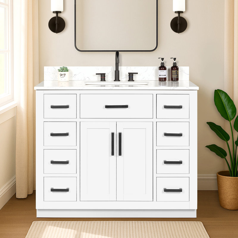 42'' Single Bathroom Vanity with Drawer, Shelf, Outlet, and Engineered Marble Top, White, 42''