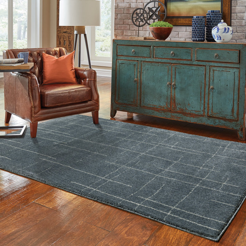 Tapis bleu / gris à motif géométrique Androscogin, Rectangle 9 pi 10 po x 12 pi 10 po