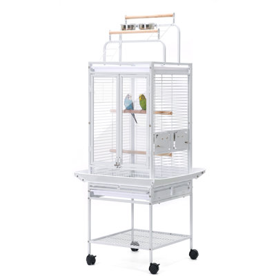 Grande cage à oiseaux avec support à roulettes, volière métallique avec plateau coulissant pour perroquets et perruches, blanche