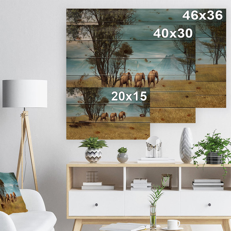 «African Elephants Panorama», photographie, H 15 po x l 20 po x P 1 po, Bois