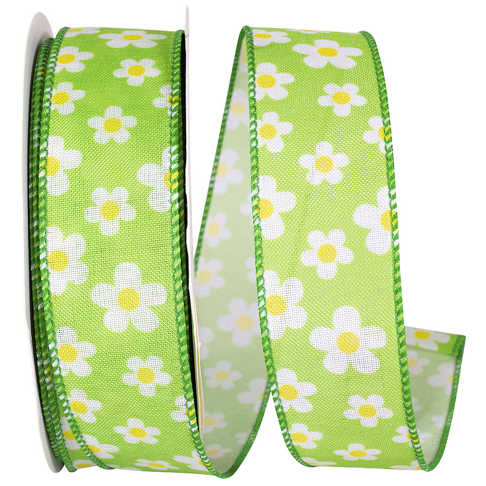 The Holiday Aisle® Lime Linen Tossed Daisies Wired Edge Ribbon | Wayfair