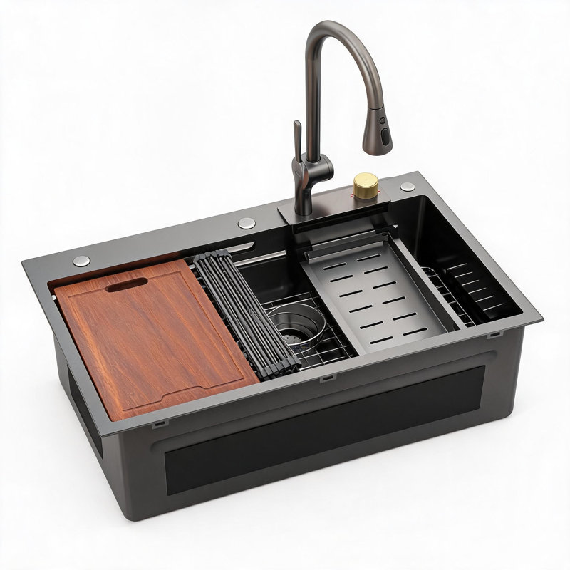 Évier de cuisine à encastrer en acier inoxydable noir canon de fusil, 33 po x 22 po, avec robinet extractible et lave-tasse