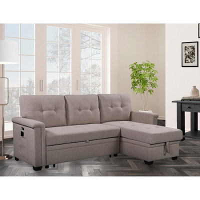 Canapé modulaire réversible de 84 po en L avec méridienne de rangement, canapé-lit et ports de chargement, siège et dossier gris