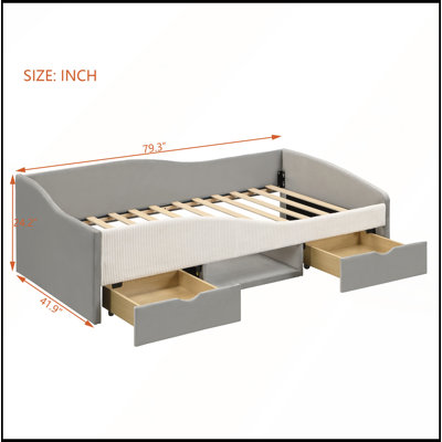 Structure de lit de jour simple rembourrée avec 2 tiroirs de rangement, rose, parfaite pour les chambres d'enfants et peu encombrante
