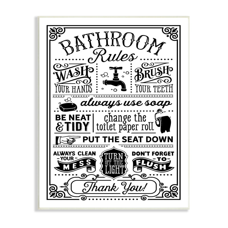 Art mural surdimensionné de style rétro avec liste de règles de salle de bain encadrée par lettrage et doublure