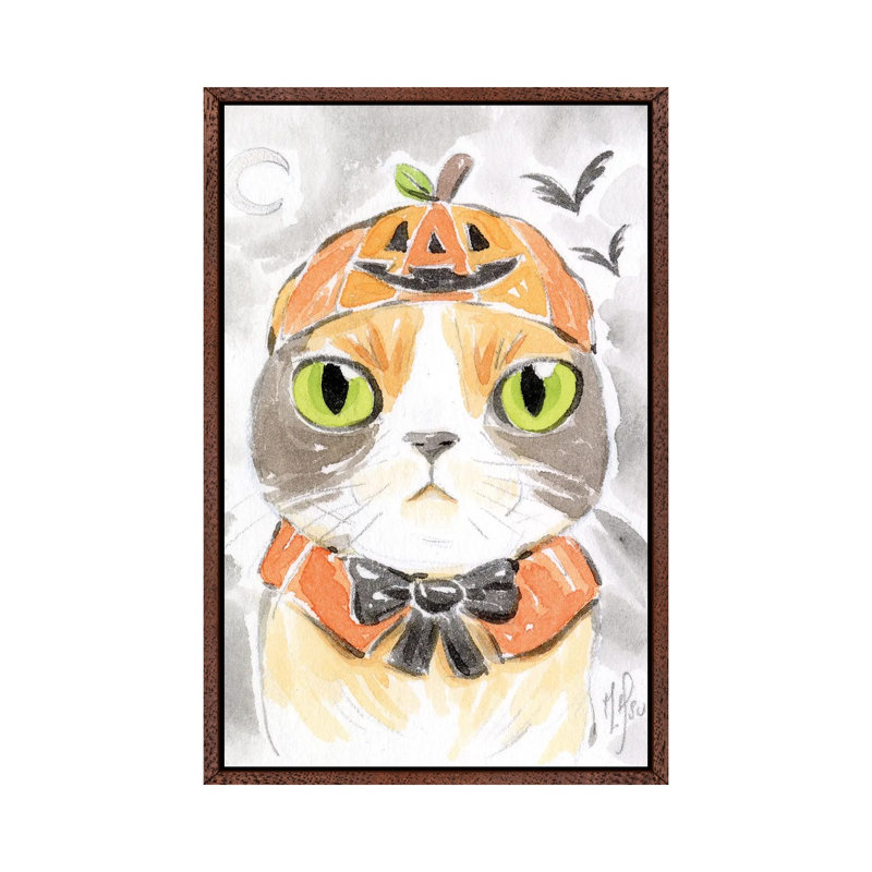 Cat - Pumpkin by Martin Hsu - Painting on Canvas, 66.04 cm H x 45.72 cm W, Classic Brown Wood Framed