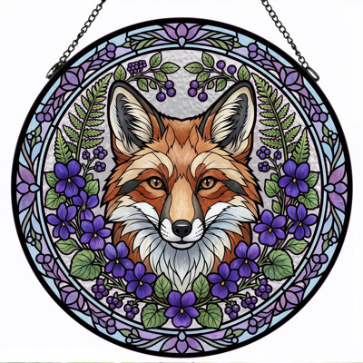 Fox Floral Stained Glass Window Panel，7.8H